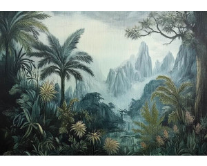 Fotobehang met een exotisch panorama van jungle, palmbomen en bergen in schilderachtige stijl.