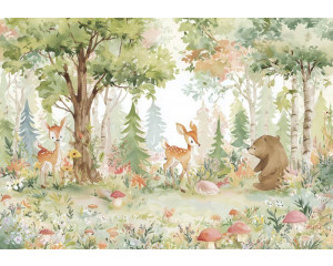 Fotobehang met tropische bladeren in groene tinten tegen een lichte achtergrond.