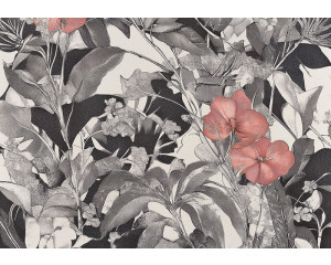 Fotobehang met fijne botanische kunst en roze bloemen op zwart-witte achtergrond.