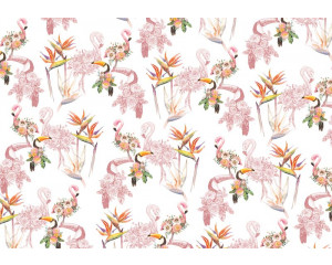 Diese farbenfrohe Fototapete zeigt Flamingos und Tukane inmitten üppiger Blumen, ideal für eine lebendige Umgebung.