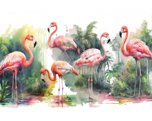 Flamingos in einem tropischen Dschungel werden auf dieser Fototapete zum Leben erweckt, mit bunten Pflanzen und einer exotischen Atmosphäre.