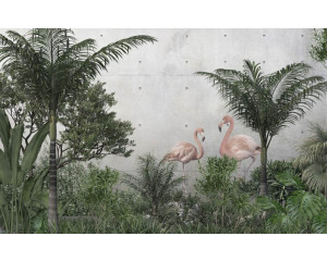 Fototapete von Flamingos im Dschungel, mit tropischen Pflanzen und Palmen vor einem konkreten Hintergrund.