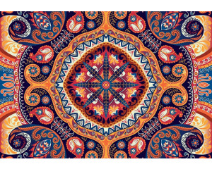 Bunte Blumen in einem volkstümlichen Muster, dargestellt auf einer künstlerischen und abstrakten Fototapete.