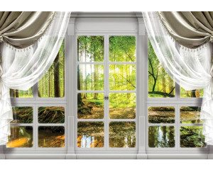 Waldansicht aus einem Fenster, Bäume und Natur auf 3D-Fototapete.