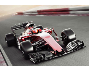 Fototapete eines Formel-1-Autos in Aktion auf einer roten Rennstrecke, für ein eindrucksvolles Rennerlebnis.