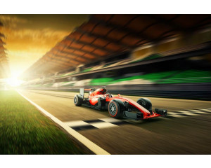 Fototapete eines Formel-1-Autos, das die Ziellinie überquert und ein spannendes Rennen beendet.