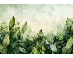 Fotobehang met frisse groene bladeren in aquarelstijl op een lichte achtergrond met natuurlijke uitstraling.