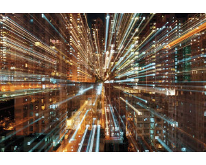 Diese Fusion-Fototapete zeigt eine abstrakte Darstellung einer modernen Stadt, mit dynamischen Formen und Linien.