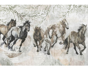 Fotobehang safari dieren avontuur met giraffe, zebra’s en savannelandschap in getekende stijl.