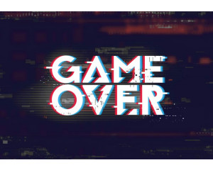 Fototapete für Spielzimmer mit dem Text "Game Over" und spielerischen PlayStation-Elementen.