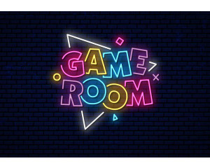 Fototapete Game Room Neonletters mit bunten Neonbuchstaben und dynamischen Formen auf dunklem Backsteinhintergrund.