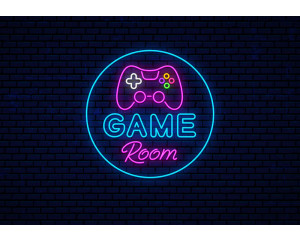 Fototapete Game Room Neonstil mit Neon-Gamecontroller und bunten Knöpfen auf dunklem Backsteinhintergrund.