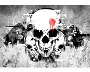 Totenköpfe und Spielsymbole in einem dunklen, grafischen Design, ideal für Gamer, die einen kantigen Stil mögen.