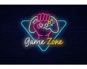 Fototapete Game Zone Neon Design mit Neon-Gamecontroller in der Faust und bunten Neonbuchstaben auf dunklem Backsteinhintergrund.
