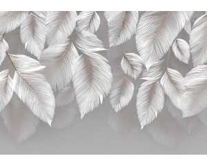 Fotobehang met tropische bladeren in groene tinten tegen een lichte achtergrond.