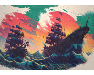 Fototapete von gemalten Piratenschiffen, die kunstvoll ein Boot darstellen.