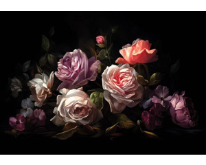 Gemalte Rosen in voller Blüte, elegant festgehalten auf einer detaillierten Fototapete.