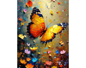 Fototapete mit einem gemalten Schmetterling in einer bunten Blumenlandschaft.