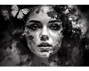 Gemalte Frau und Schmetterling, abgebildet in einem detaillierten Kunstporträt auf Fototapete.