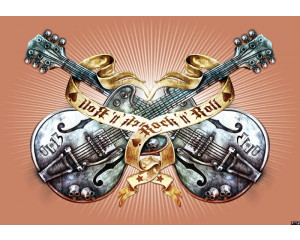 Fototapete mit orangefarbenen Gitarren im Heavy-Metal-Stil, perfekt für Musikliebhaber und Rockfans.