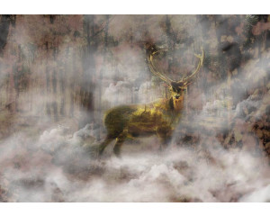 Fototapete mit einem goldenen Hirsch in einem nebligen Herbstwald, ideal für eine beruhigende Atmosphäre.