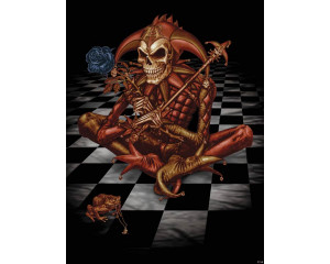 Fototapete eines Skelett-Clowns mit Schachbrett, gothic und geheimnisvoll.