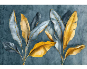 Fotobehang met luxe gouden bananenbladeren op een groene achtergrond voor een chique uitstraling.