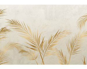 Fototapete mit goldenen Blättern auf Beton, mit einem modernen und künstlerischen Gefühl.