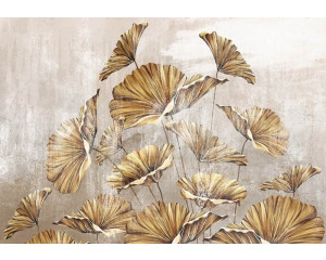 Goldene Blumen auf einer Betonwand, kunstvoll dargestellt in einer Kombination aus Pflanzen und Blumen auf dieser Fototapete.