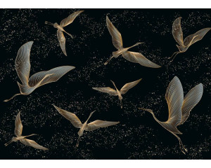 Eine goldene Kranich-Fototapete mit anmutigen Vögeln mit goldenen Akzenten, die vor einem dezenten Hintergrund schweben und für ein luxuriöses und harmonisches Aussehen sorgen.