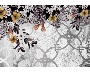 Fototapete von goldenen Pflanzen auf Betonwand, verziertes Blumenmuster.