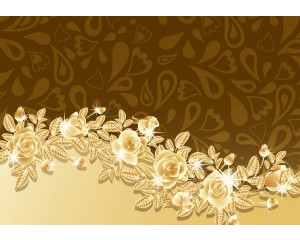Fototapete mit goldenen Rosen und Blumen, mit abstrakten Kunsteinflüssen.