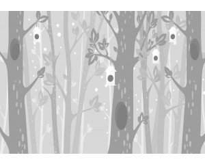 Fototapete mit grauen Bäumen in einer verschneiten Landschaft, winterlich und beruhigend.