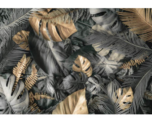 Fototapete mit grauen, silbernen und goldenen Blättern in einem botanischen Dschungeldesign.