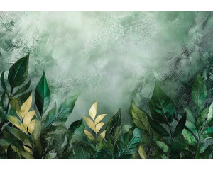 Fotobehang met groene bladeren in aquarelstijl op een lichte achtergrond met natuurlijke kleurovergangen.