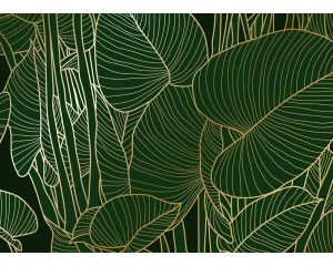 Eine Fototapete mit grünen Blättern und goldenen Details, die tiefe Grüntöne mit subtilen goldenen Akzenten für ein luxuriöses Aussehen kombiniert.