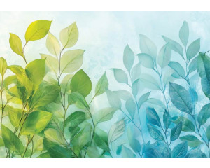 Fotobehang met klassieke botanische bladeren in zachte groentinten op een lichte achtergrond.