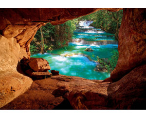 Höhle mit Blick auf Dschungel-Wasserfälle, 3D-Fototapete für einen abenteuerlichen und exotischen Look.