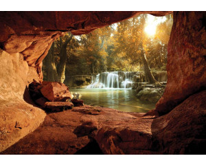Höhle mit Blick auf einen Wasserfall, Fototapete mit einer beeindruckenden Naturszene für einen beruhigenden Raum.