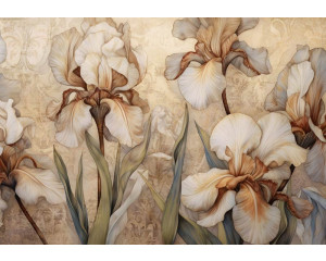 Große beigefarbene Irisblüten funkeln auf dieser Fototapete und betonen die natürliche Schönheit der Blumen.