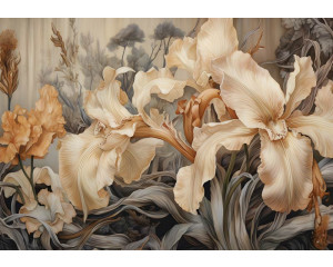 Diese Fototapete zeigt große, detaillierte beigefarbene Irisblüten in einem eleganten Kunststil.