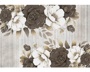 Fototapete mit großen Blumen auf einer Betonwand, mit Pfingstrosen in einer künstlerischen Komposition.