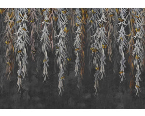 Hängende Pflanzen und Schmetterlinge fliegen durch einen üppigen Dschungel auf dieser Blättertapete, die einen tropischen und lebendigen Look vermittelt.