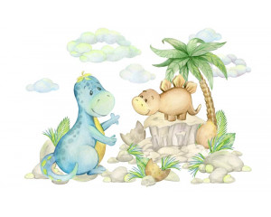 Fröhliche Dinosaurier, die sich durch den Regenwald bewegen, während Kinder die farbenfrohe und spielerische Szene auf diesem Fotohintergrund genießen.