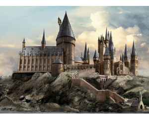 Eine Fototapete mit Harry-Potter-Ansicht von Hogwarts, in der das ikonische Schloss hoch über der Landschaft thront und eine magische und bezaubernde Atmosphäre schafft.
