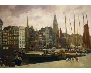 Fototapete mit einer historischen Stadtansicht des Amsterdamer Damraks, mit ikonischen Häusern, dem Oudekerk-Turm und einem stimmungsvollen Blick auf den Innenhafen.