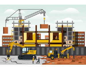 Fototapete mit Kränen und Gebäuden, industrielle Atmosphäre.