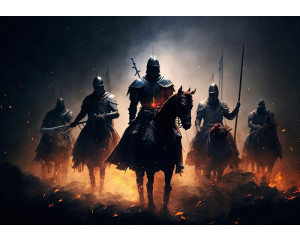 Historische Ritter zu Pferd in vollem Galopp auf einer epischen Fototapete, perfekt für Fans von mittelalterlichen Abenteuern.