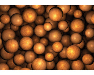 Fototapete mit abstrakten runden Holzkugeln in verschiedenen Brauntönen in einem modernen und zeitgenössischen Design.