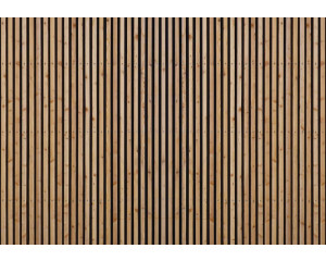 Fototapete aus Holzpaneelen und Lamellen, mit Akustik-Wandpaneel-Design.